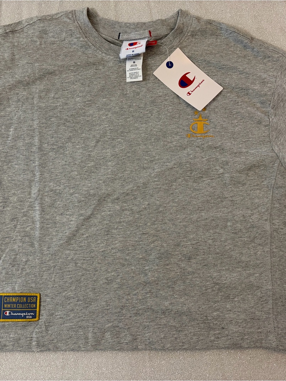 NWT Champion Women’s Small Gold Medal Cropped Short Sleeve T-Shirt – Oxford Grey